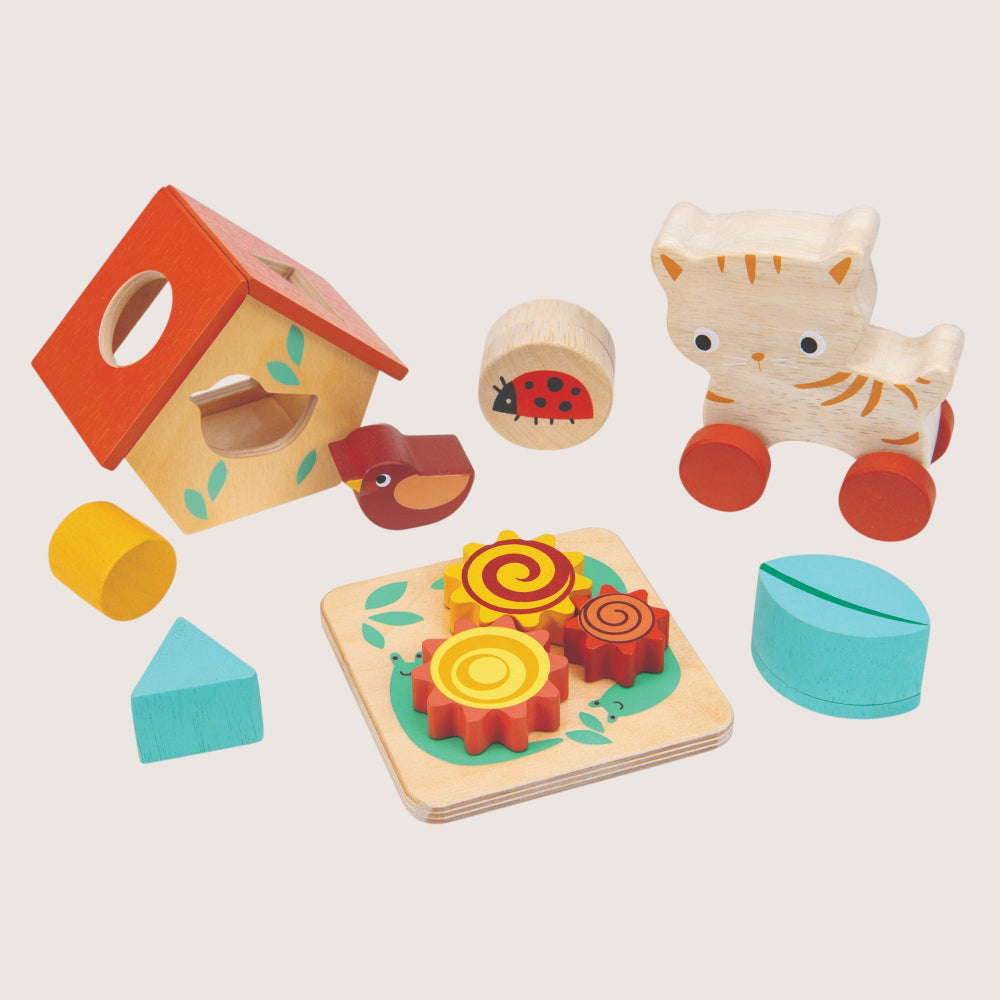 Mentari 12 month Garden Playtime gift set with shape sorter gears and rolling toys