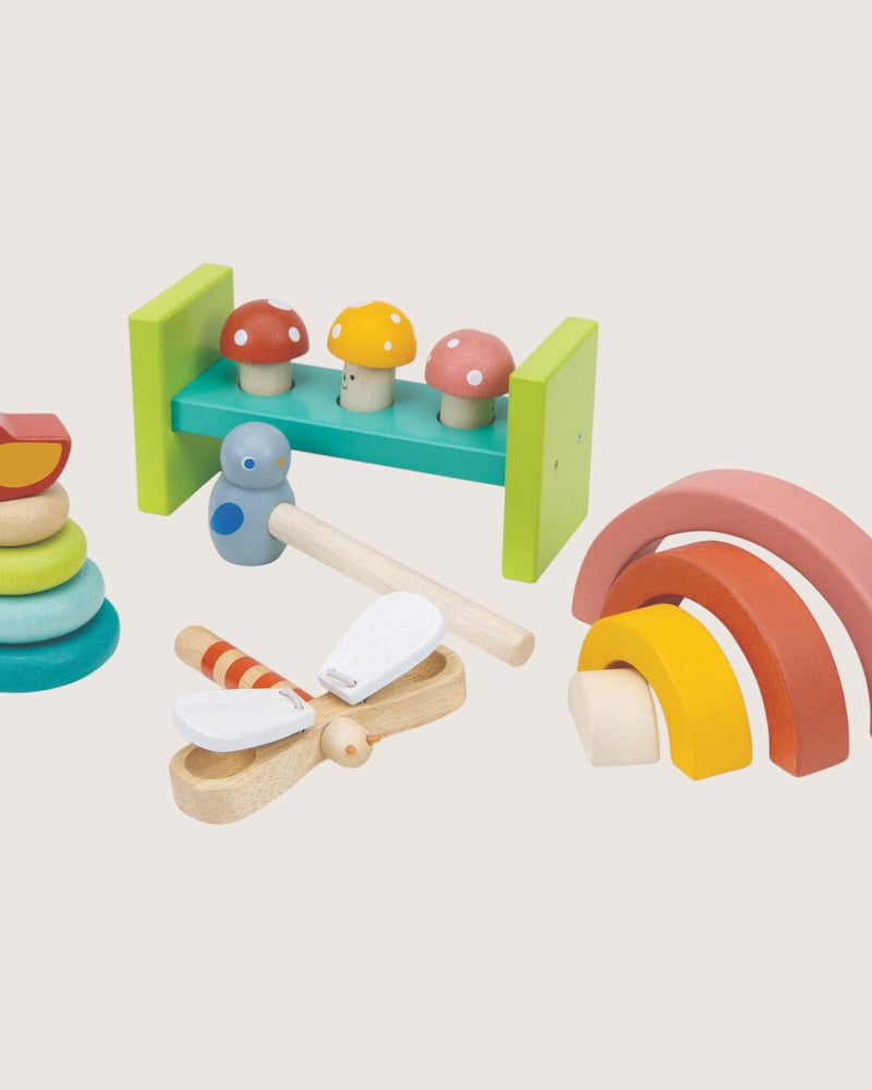 Mentari 18 month Garden Playtime set with stacking tree rainbow and hammer game