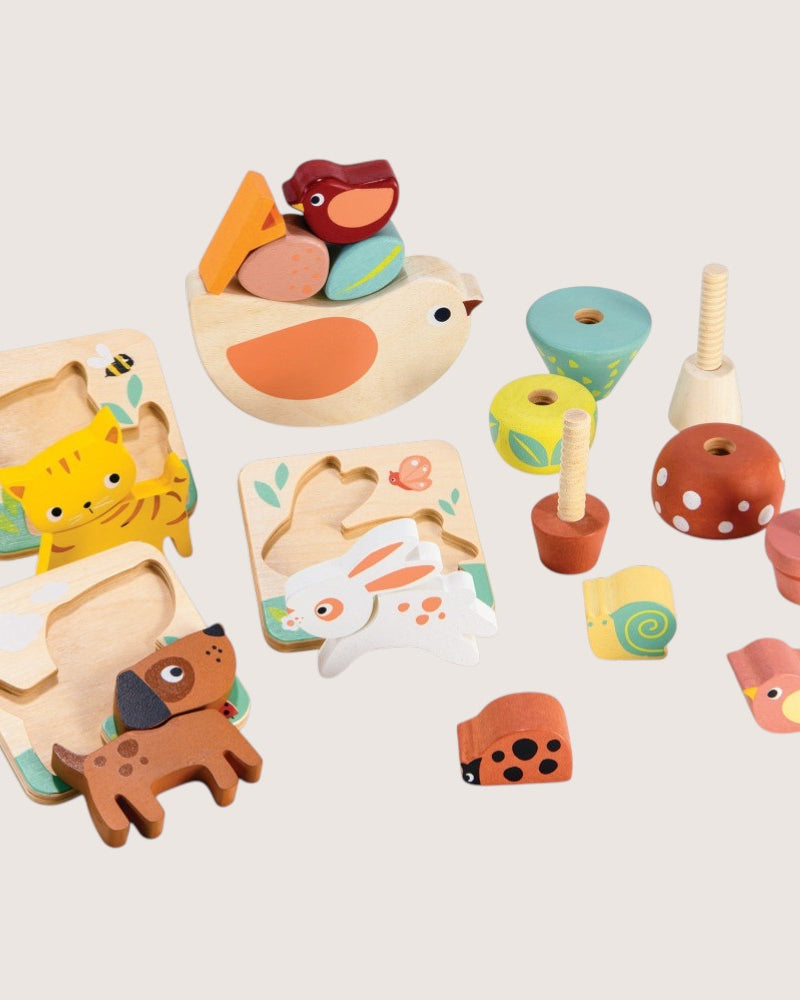 Seven developmental toys from Mentari for 2 year olds including tray puzzles