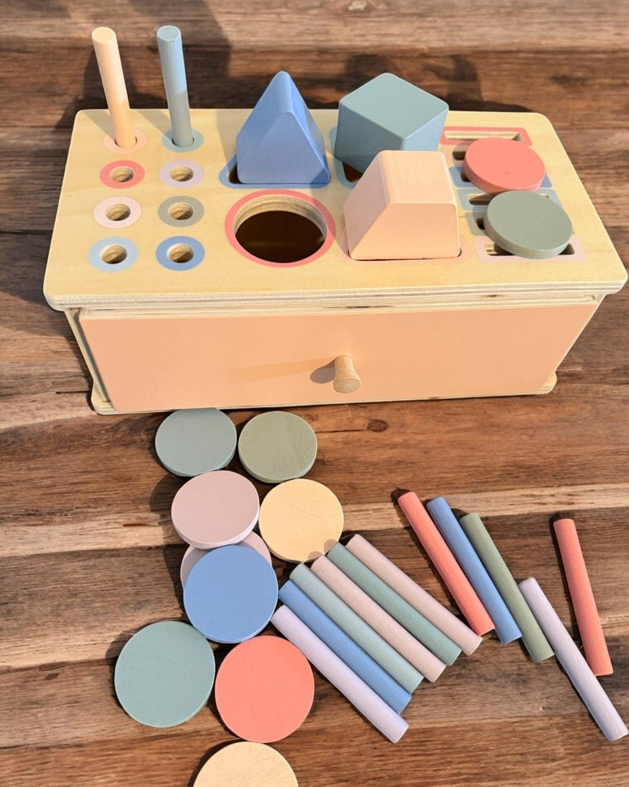 Collection of pastel colored wooden shapes included with Montessori multi-activity sorting box