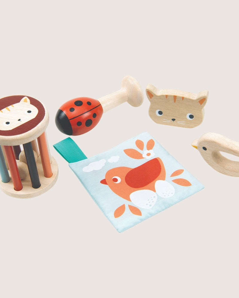 Mentari 6 month Garden Playtime gift set with mirror rattle teether and fabric toy