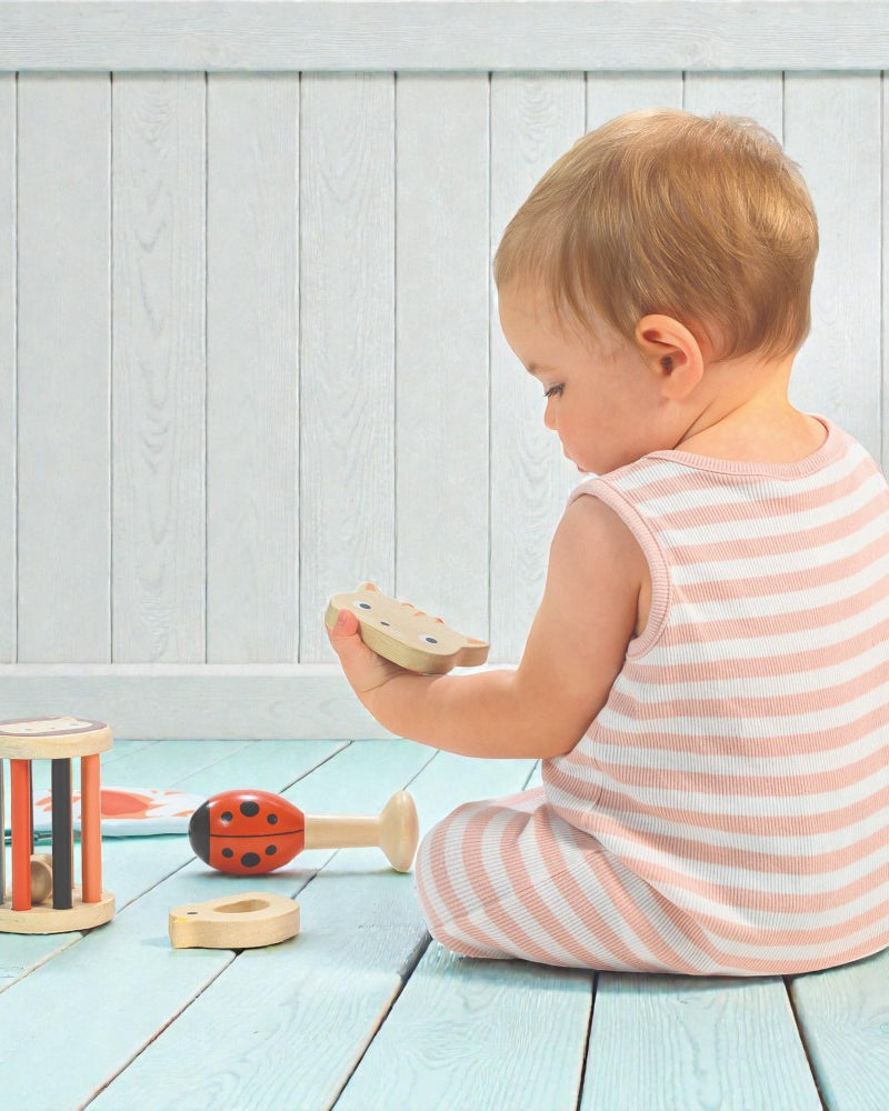 Wooden baby toys including cat mirror kitten rattle and bird teether from Mentari