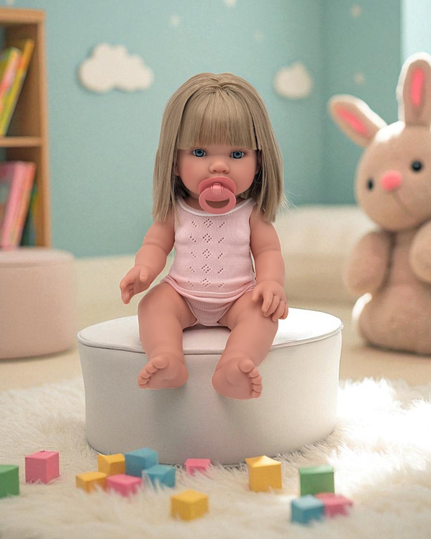 Fully clothed blonde hair blue eyes baby doll for creative care scenarios