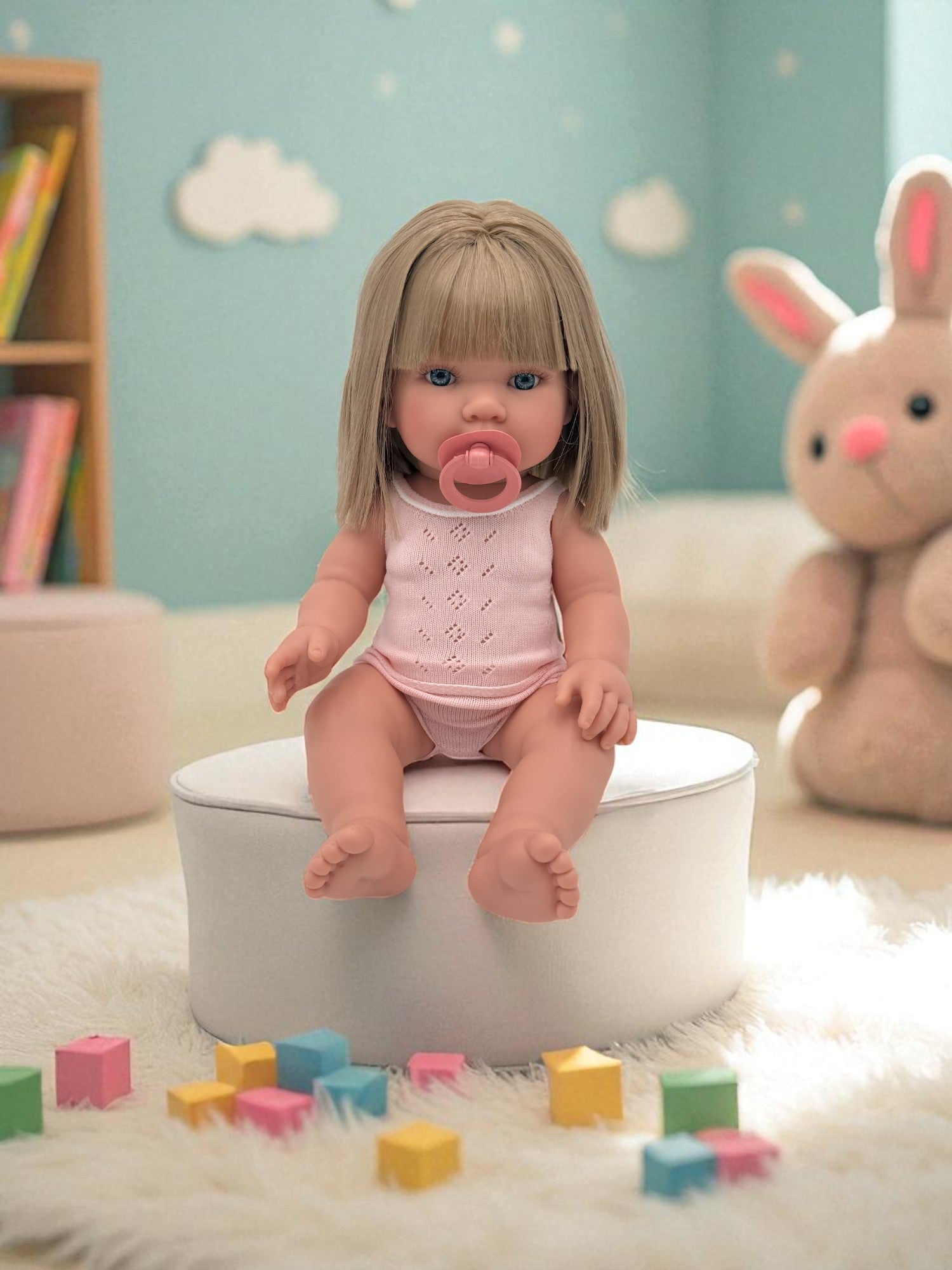 Fully clothed blonde hair blue eyes baby doll for creative care scenarios