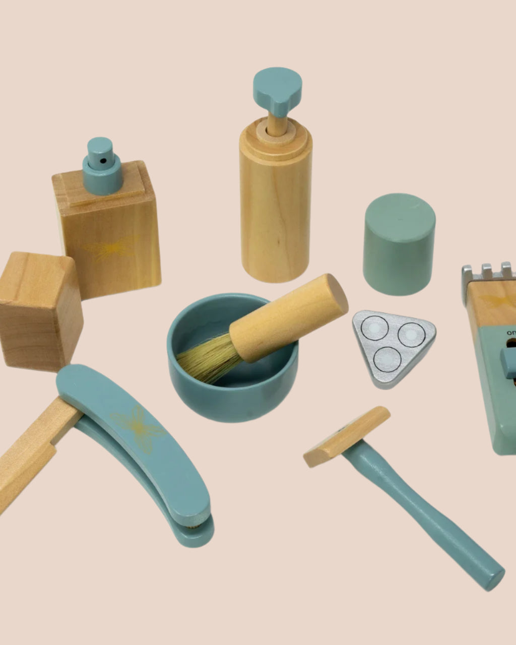 Complete 8-piece wooden barber set with teal and natural wood grooming tools and storage bag