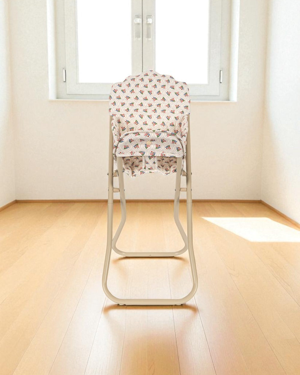 Full view of collapsible steel frame doll high chair in vintage Verona Blues pattern