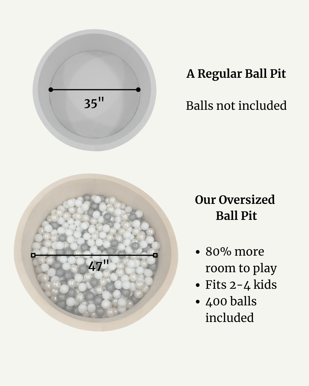 Comparison showing regular ball pit with our oversized ball pit.