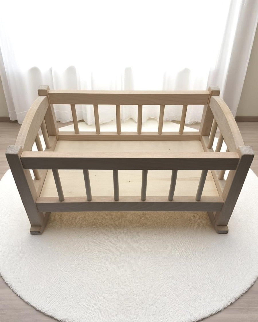 Baby doll cradle with natural birch construction perfect for children's playroom developmental activities