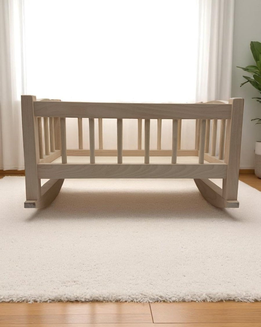 Premium birch wood doll cradle Bebenita brand with 1-year warranty for lasting developmental play