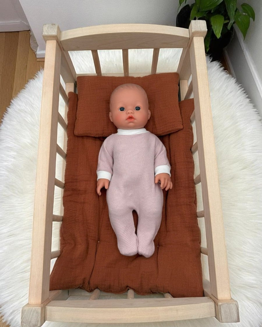 Natural wooden baby doll bed Bebenita cradle perfect for screen-free nurturing play experiences