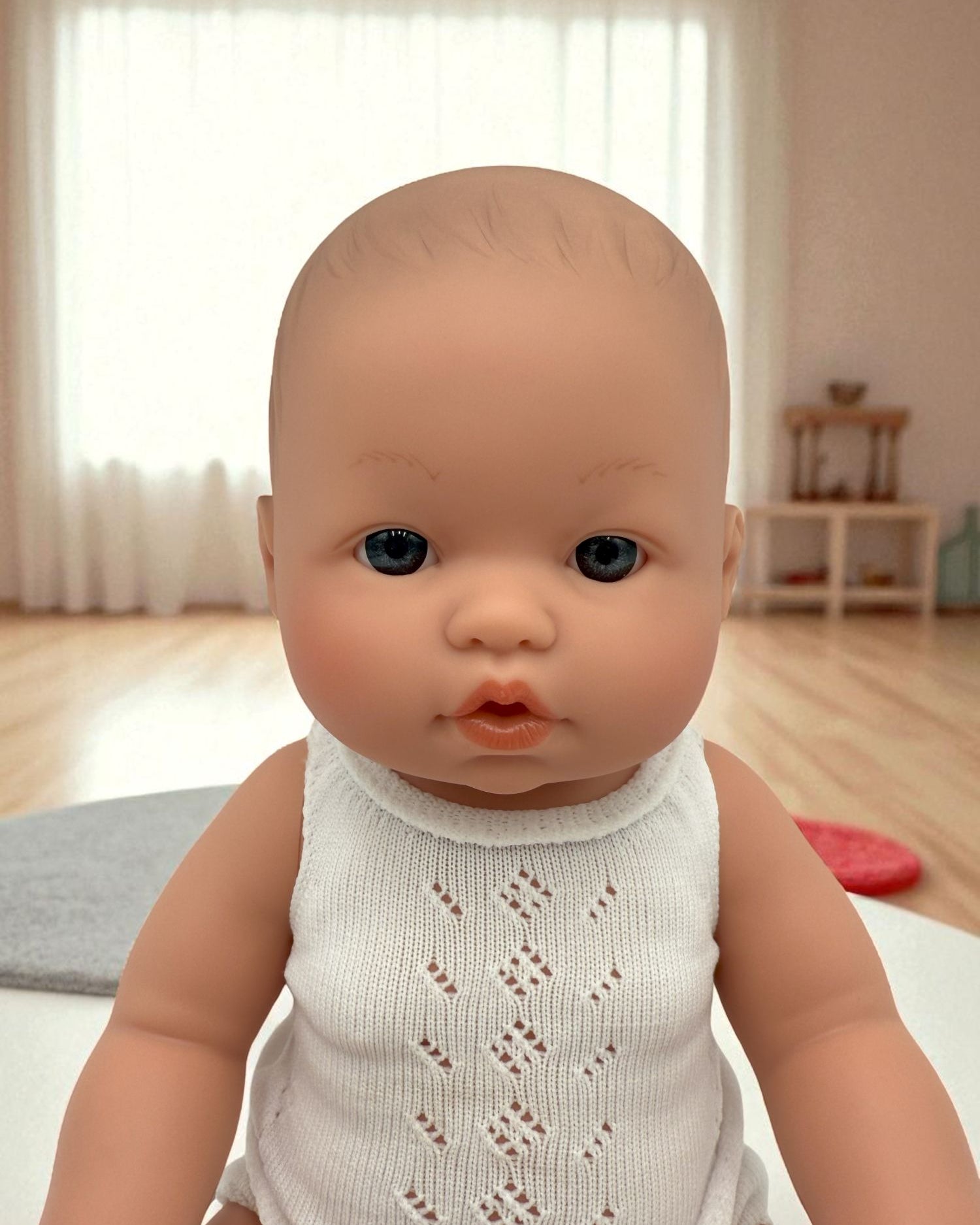 Close-up of Troy doll's lifelike face with expressive blue eyes