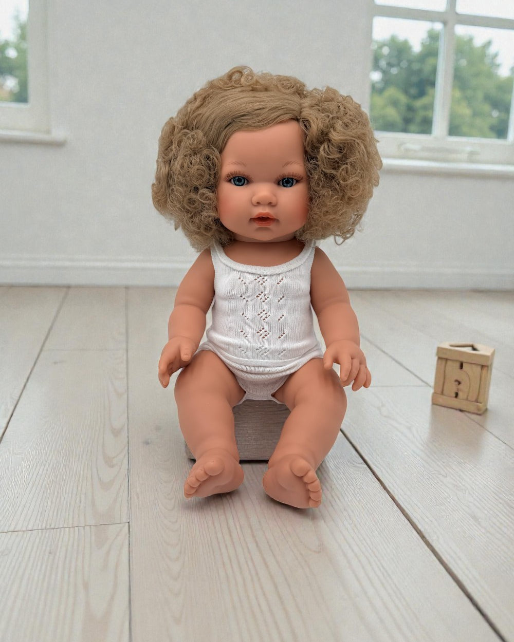 Bebenita Florence 13-inch handmade Spanish baby doll with blonde curly hair blue eyes