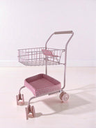 Bubblegum Gingham shopping cart with pink and white check fabric seat, champagne wire basket and smooth-rolling wheels