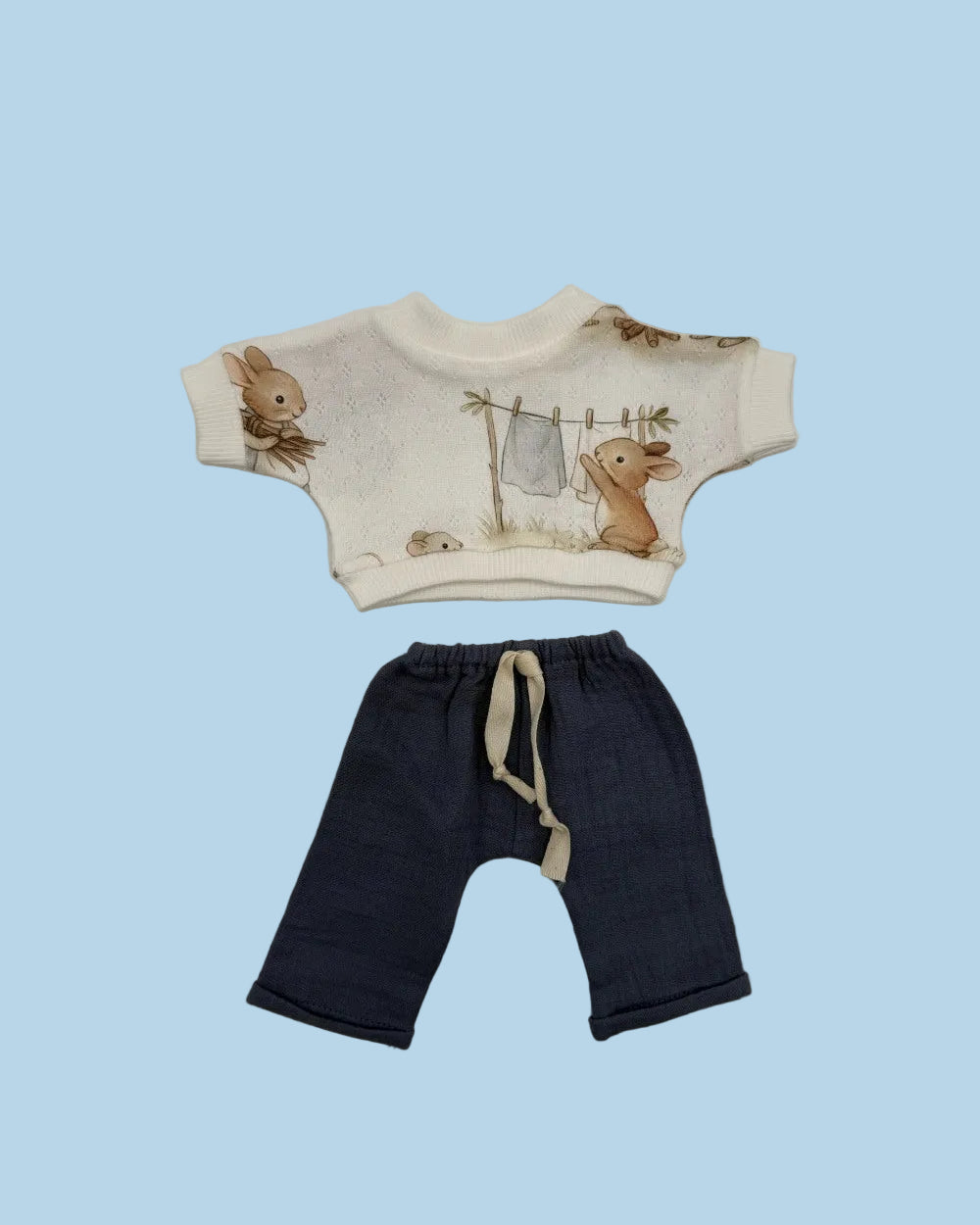 Two-piece bunny print doll outfit handcrafted in Poland from OEKO-TEX certified cotton, fits 11–14 inch dolls