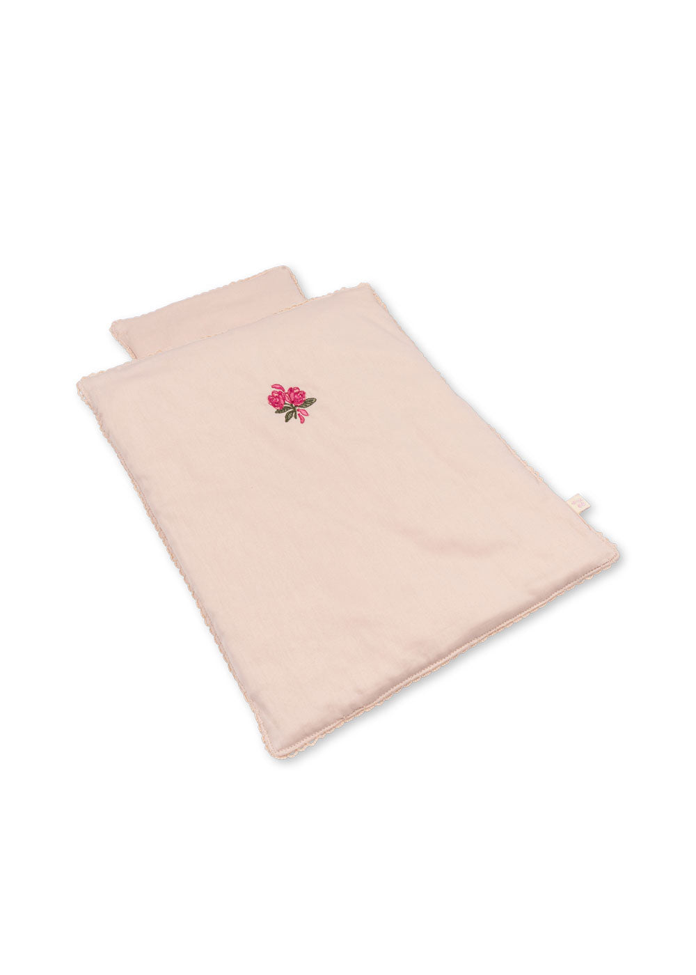 Cameo Rose doll bedding set in soft blush with delicate rose embroidery detail