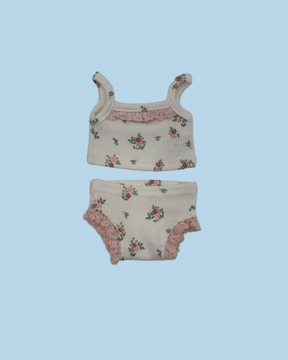 Ribbed two-piece doll outfit coral bloom floral print 13 inch French cotton OEKO-TEX certified