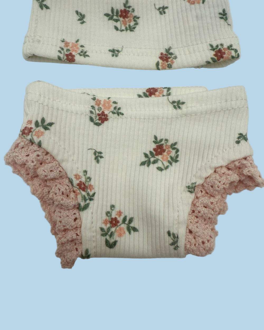 French made doll outfit two-piece ribbed cotton coral floral print with lace details