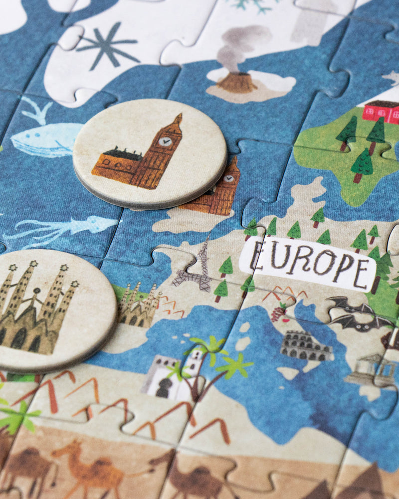 Children's puzzle with a map of Europe featuring landmarks and countries.