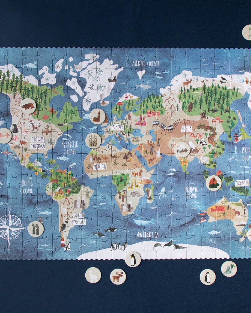 World map puzzle on a dark blue background