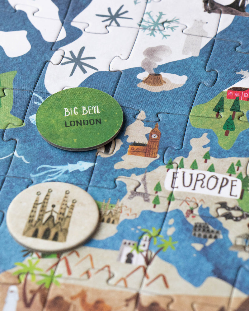 Children's puzzle map of Europe with landmarks and a Big Ben button.