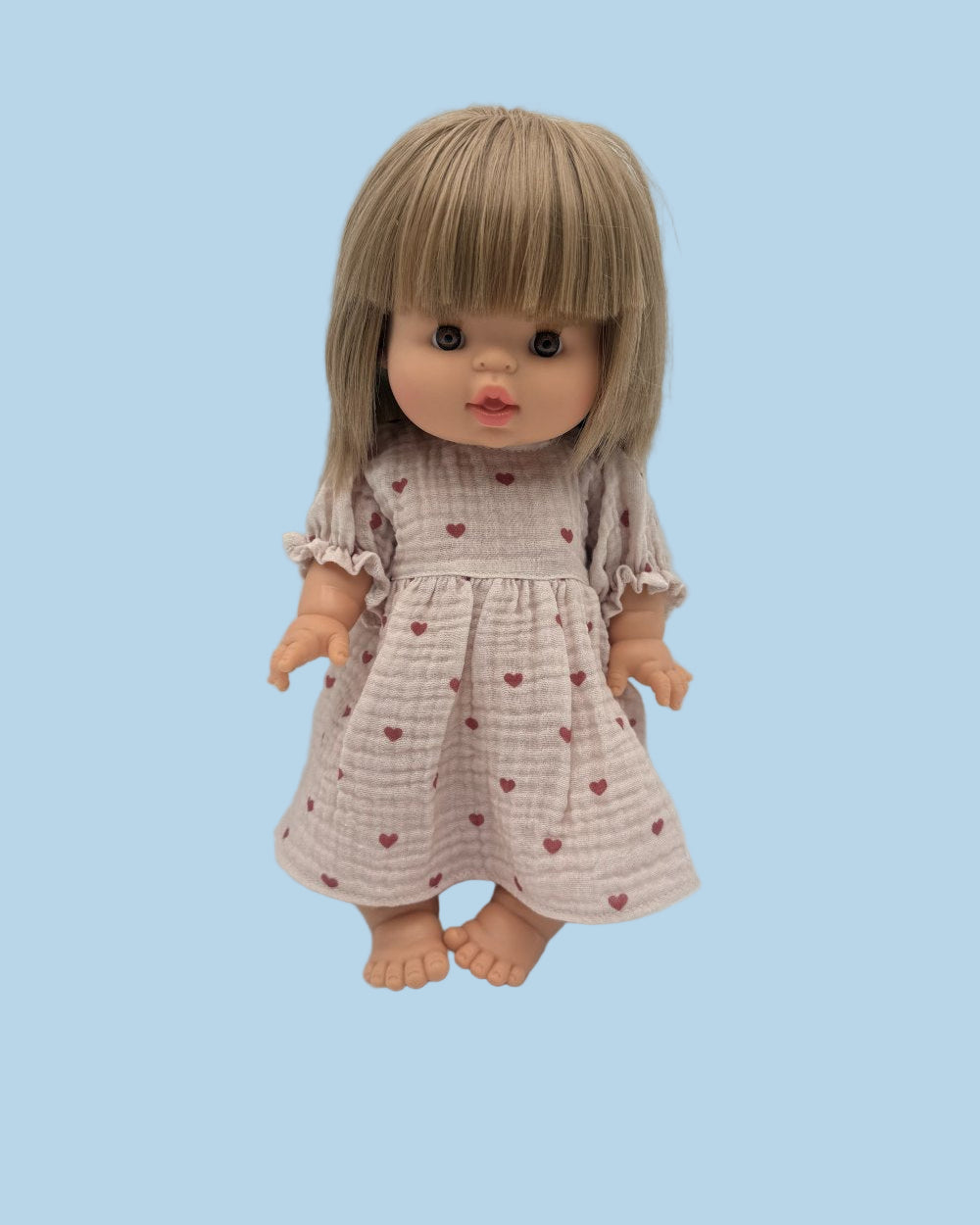 Dreamy Mauve Hearts muslin dress with ruffled sleeves and scattered heart print for dolls