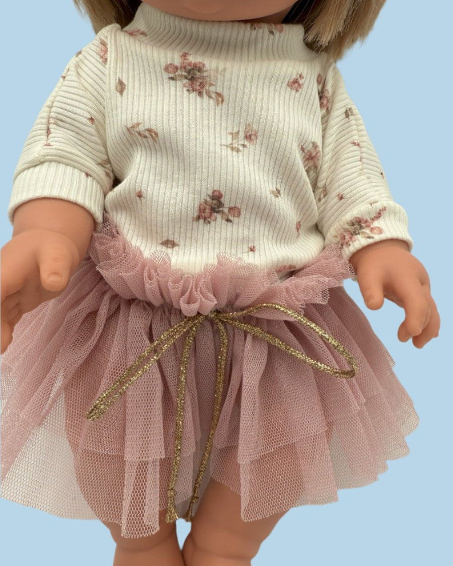 Soft cotton doll sweatshirt scattered blooms with pink tulle skirt