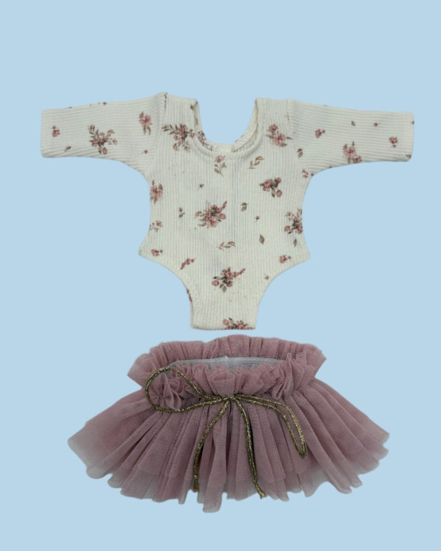 Meadow mist floral doll bodysuit with dusty rose tutu for 11 13 14 inch dolls