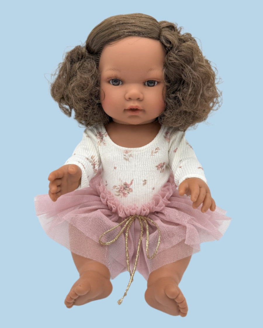 Gentle floral doll outfit bodysuit with gold ribbon tutu details