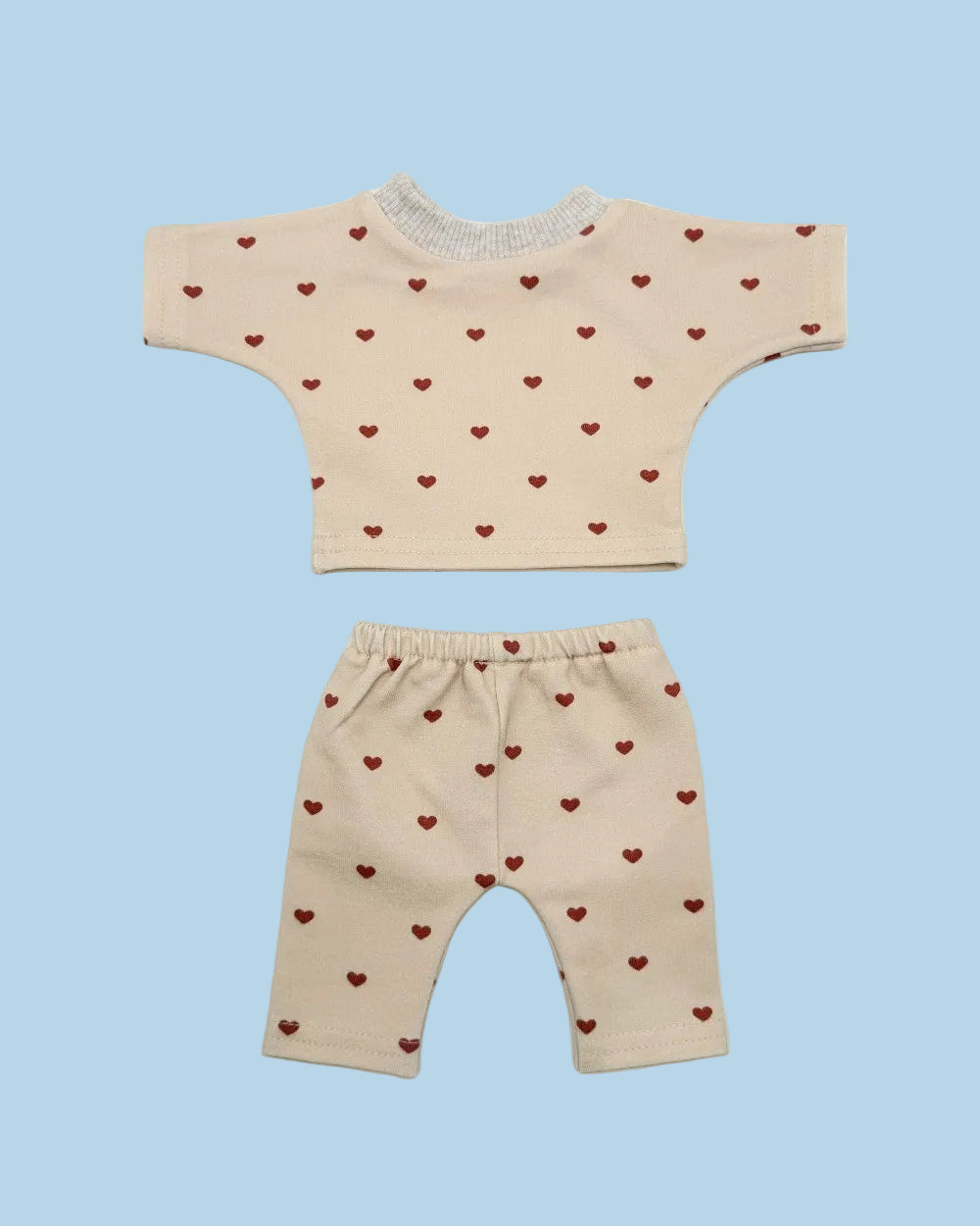 Dreamy Mauve Hearts doll sweatshirt set with mauve hearts on taupe fabric for 13-inch dolls