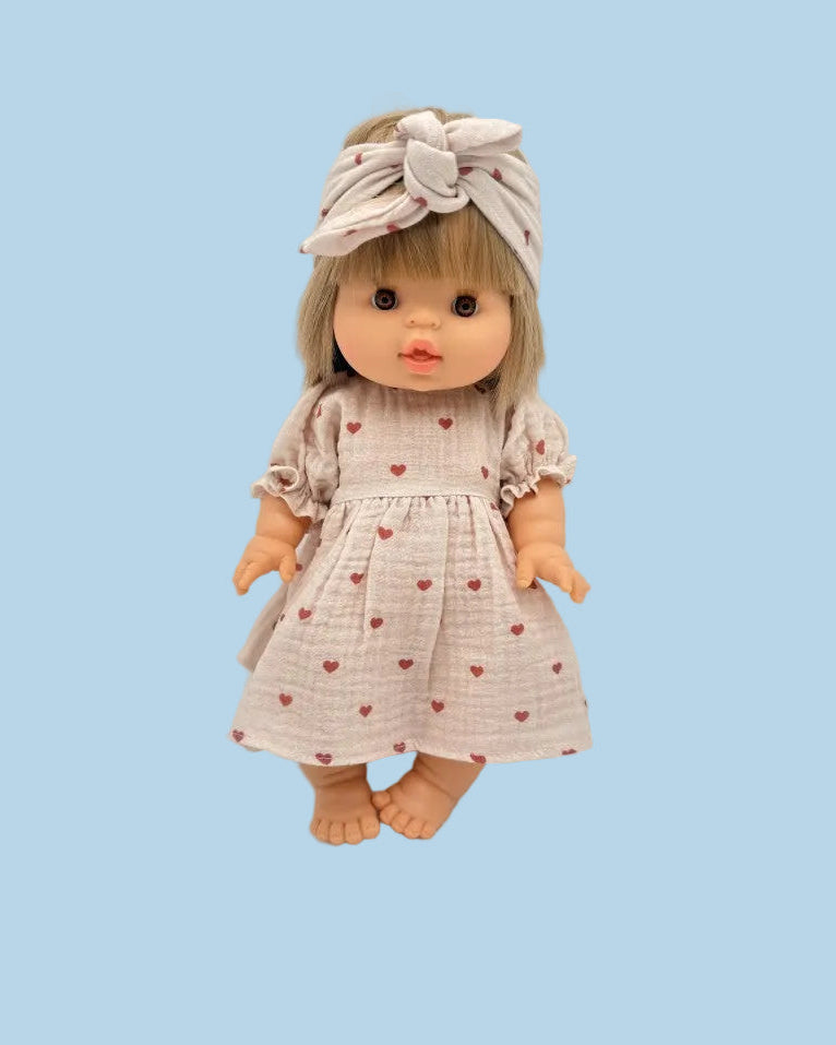 Complete Dreamy Mauve Hearts muslin dress and headband set for 11" and 13" dolls