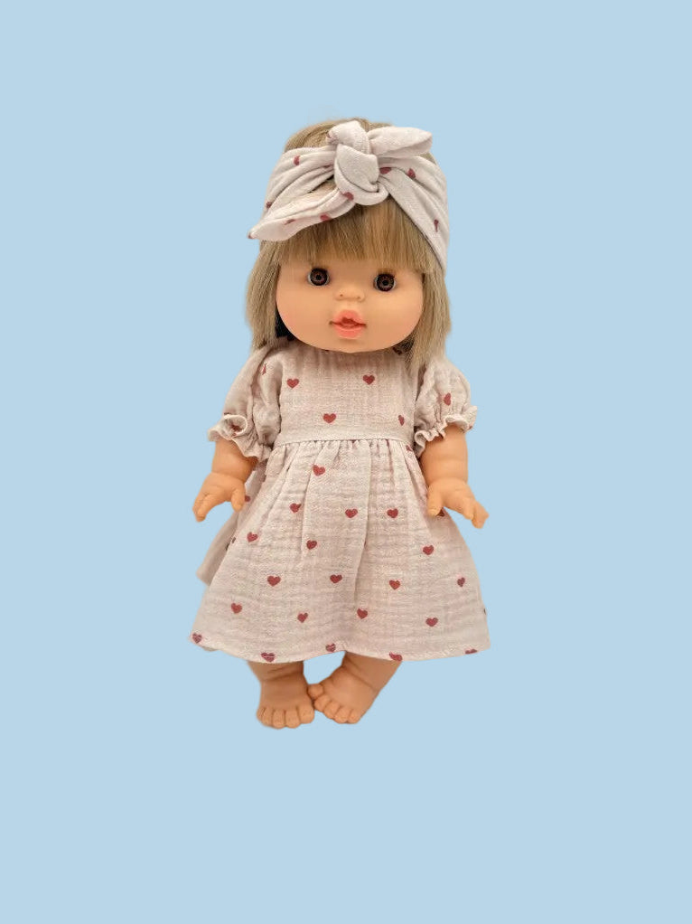 Complete Dreamy Mauve Hearts muslin dress and headband set for 11" and 13" dolls