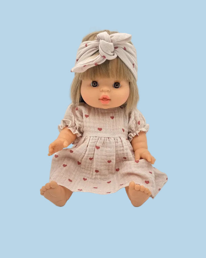 Doll outfit with coordinating headband in scattered mauve heart print