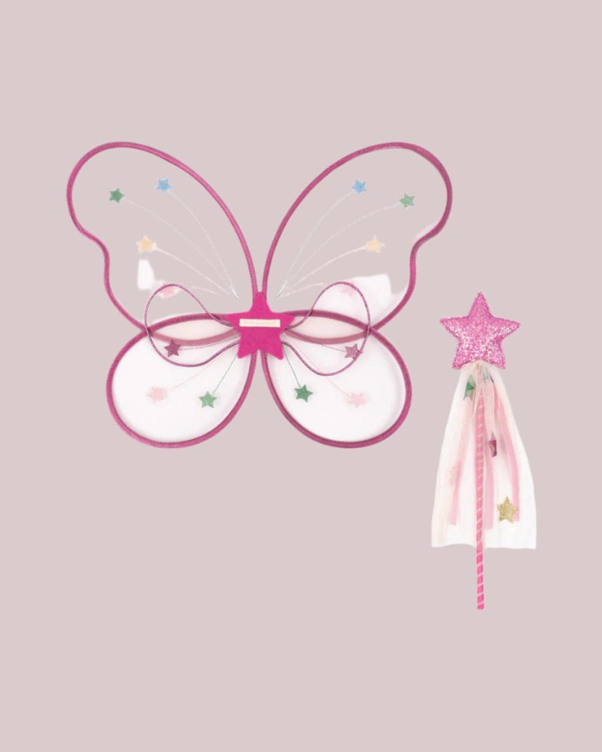 Pink-trimmed fairy costume with star details for magical playroom adventures