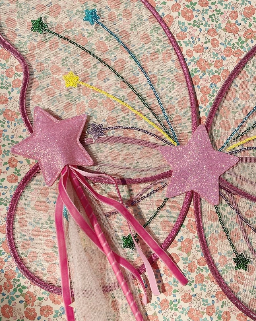 Children's fairy dress-up accessories featuring wings and star wand for creative play