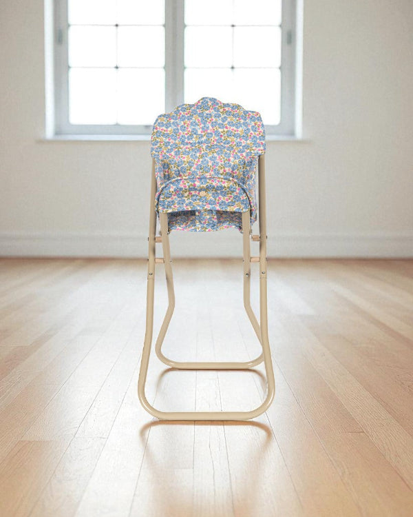 Fleur Rosier doll high chair with blue floral print quilted seat featuring botanical garden design and champagne folding metal frame