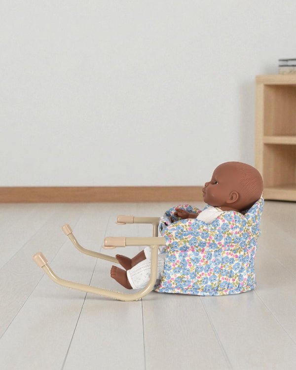 Side view of Fleur Rosier table chair showing comfortable padded backrest and proper seating angle for realistic doll dining