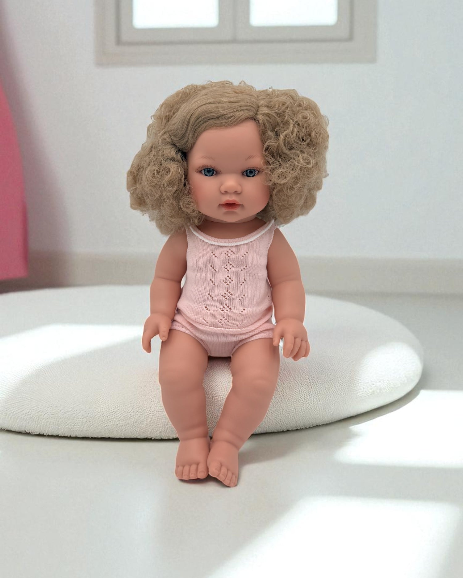 Non-toxic vinyl anatomically correct girl doll with bouncy blonde curls