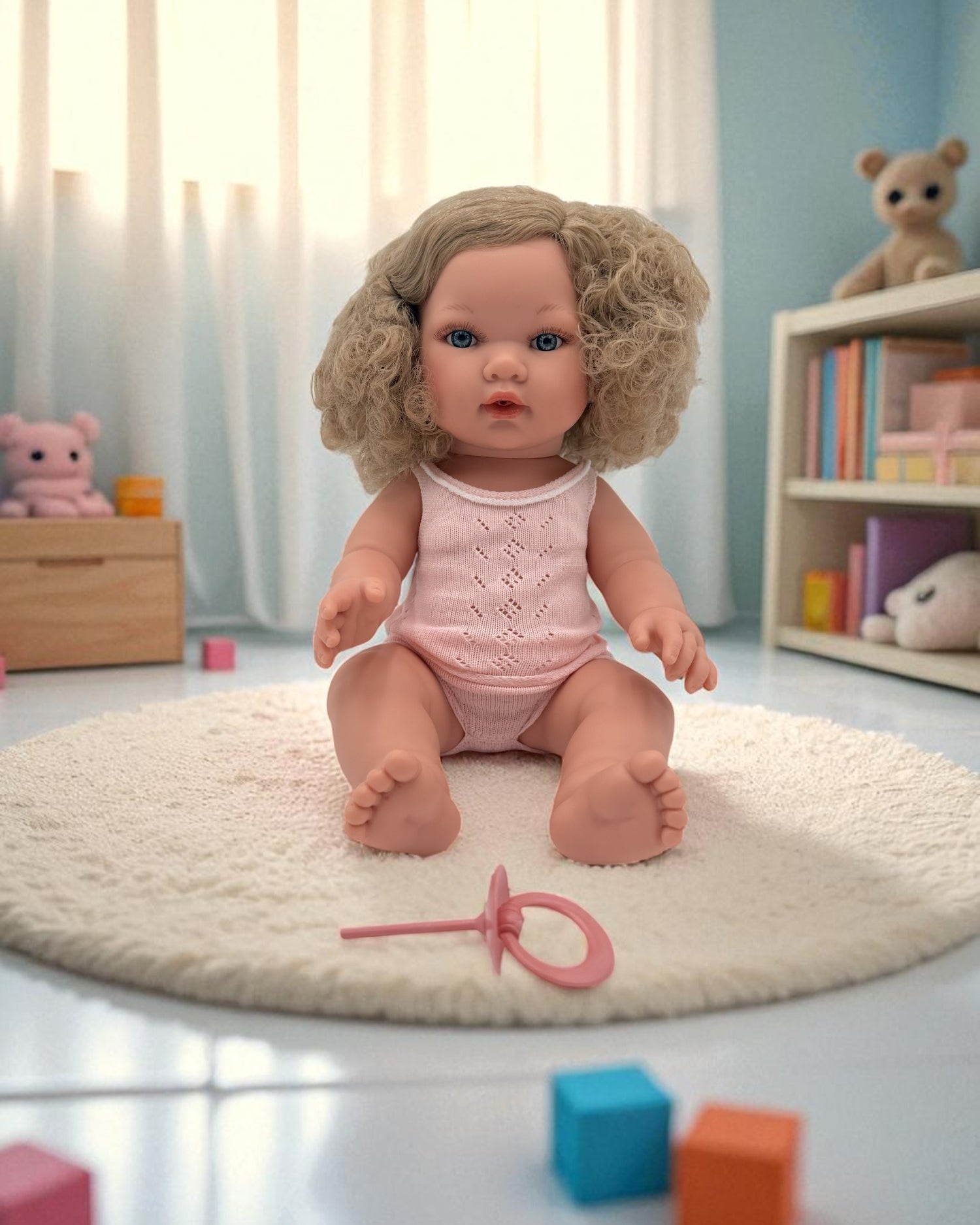 Realistic European-crafted baby girl doll with bouncy blonde curls