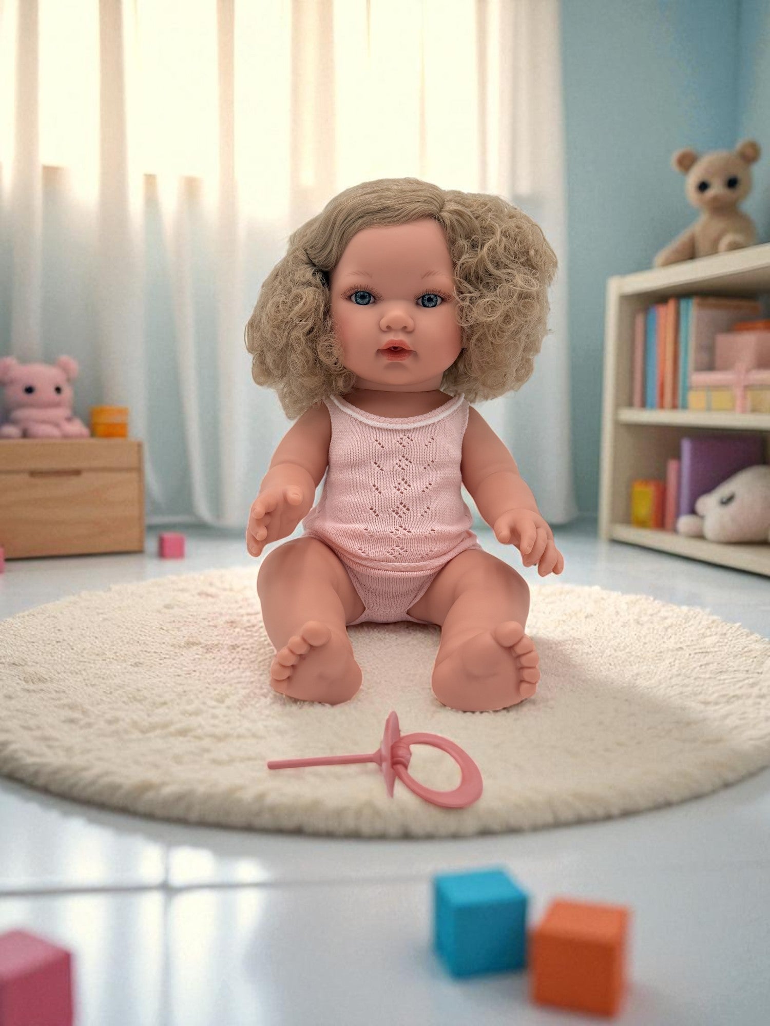 Realistic European-crafted baby girl doll with bouncy blonde curls