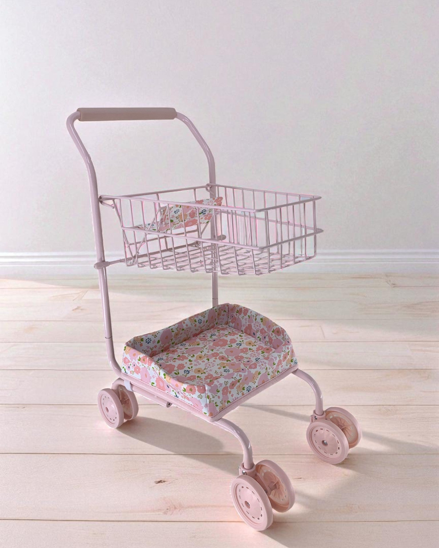 Professional-grade front wheels on shopping cart showing smooth-rolling capability for easy navigation