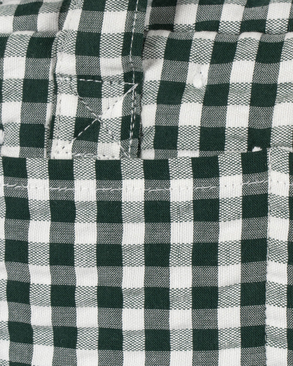 Close-up of embroidered cherry design on green gingham children's doll diaper bag