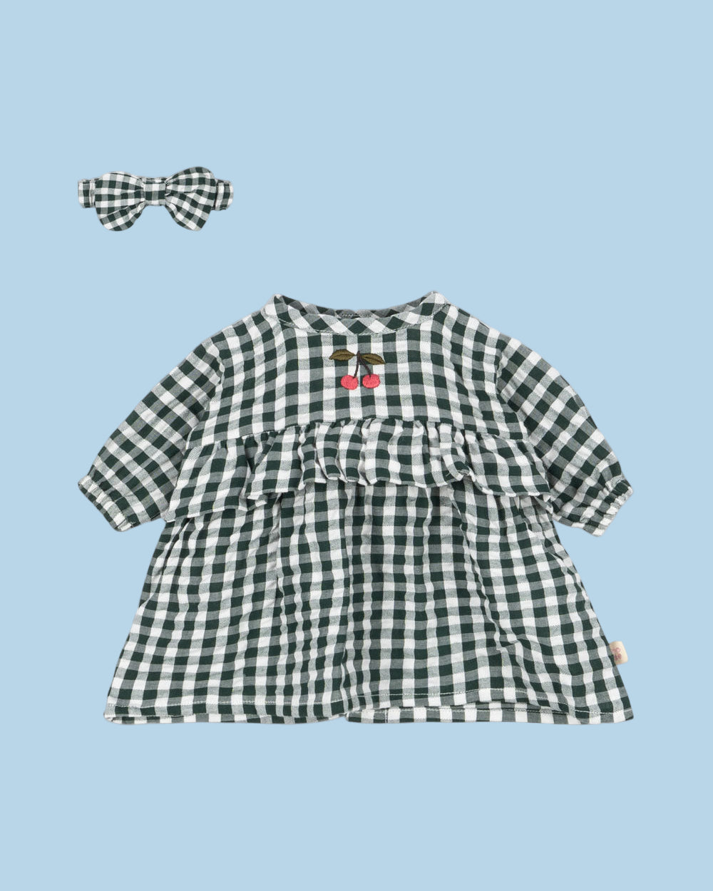 Green gingham doll dress with matching bow headband and cherry embroidery for 18-inch dolls