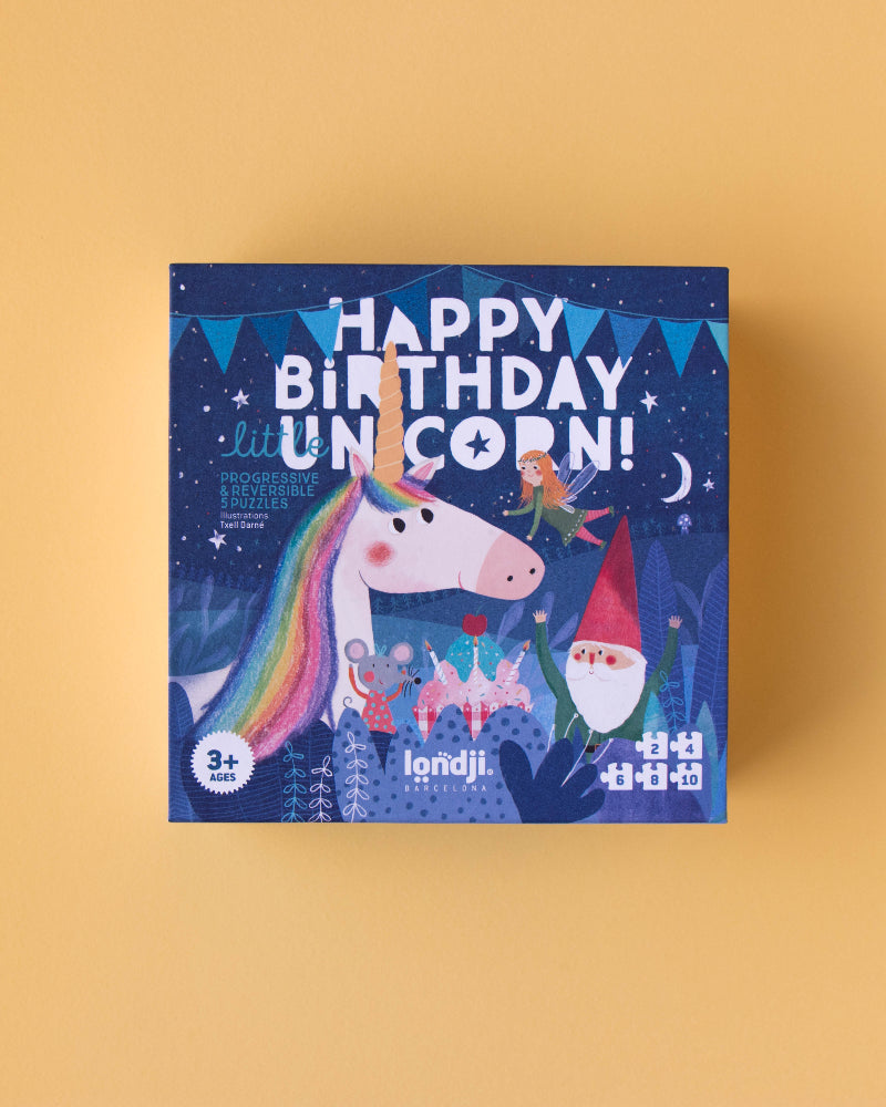 Children's puzzle titled 'Happy Birthday, Unicorn!' on a yellow background