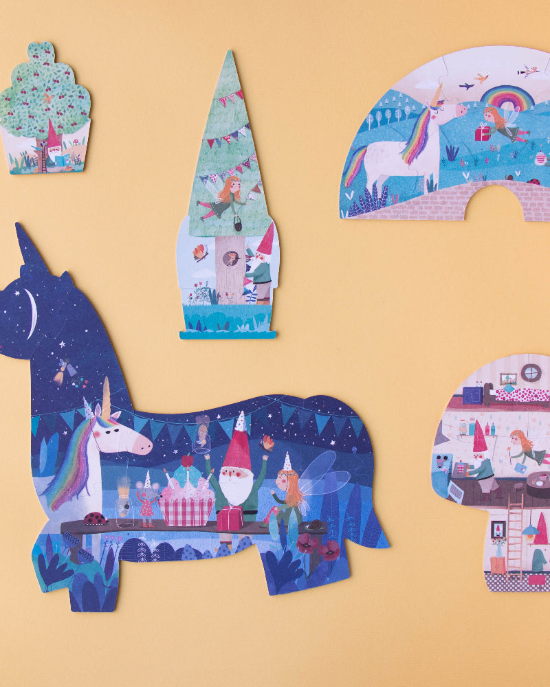 Unicorn-shaped puzzle with colorful design on a beige background