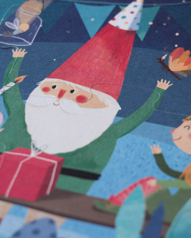 Illustration of a gnome and fairy with a cake and presents on a festive background
