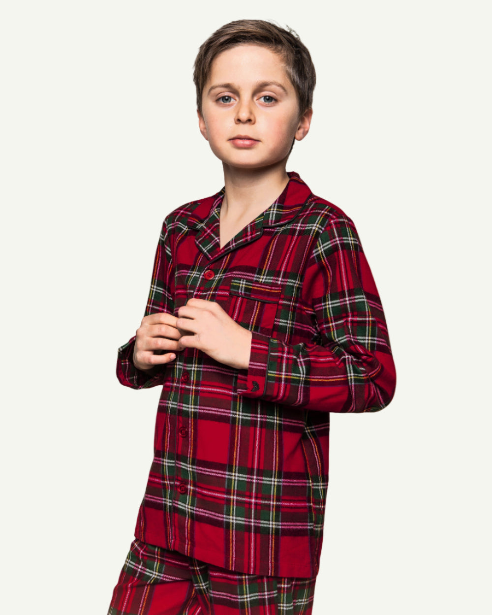 Petite Plume branded pearl button on festive Imperial Tartan plaid children's sleepwear