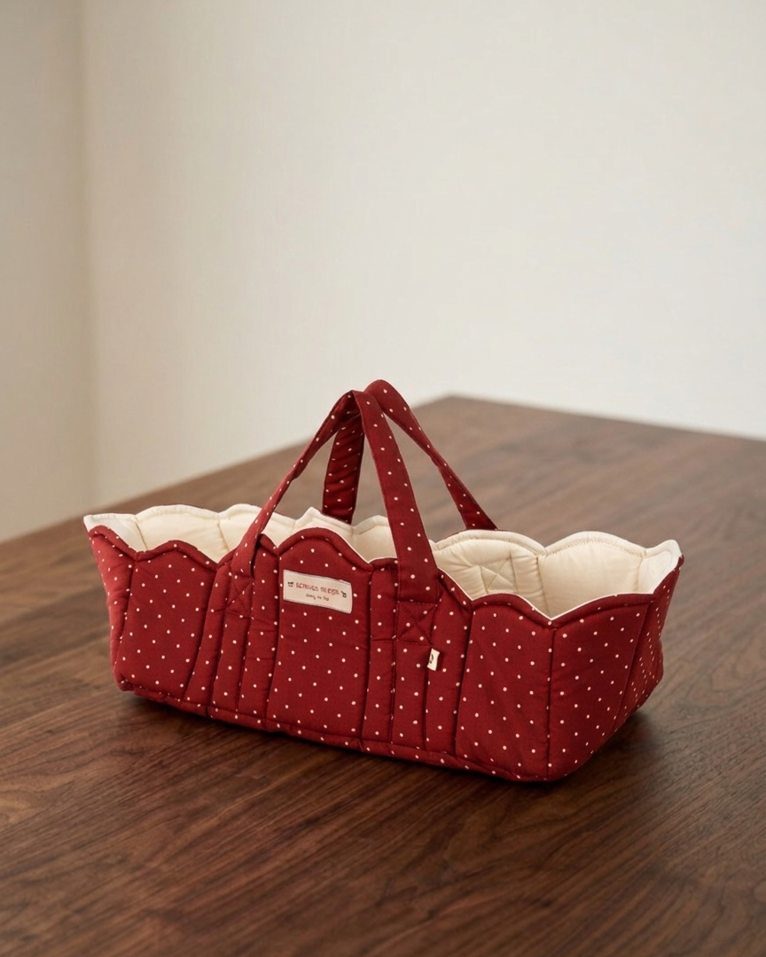 Konges Sløjd doll bassinet in Fraise Dot berry red polka dot print with scalloped cream lining on white background