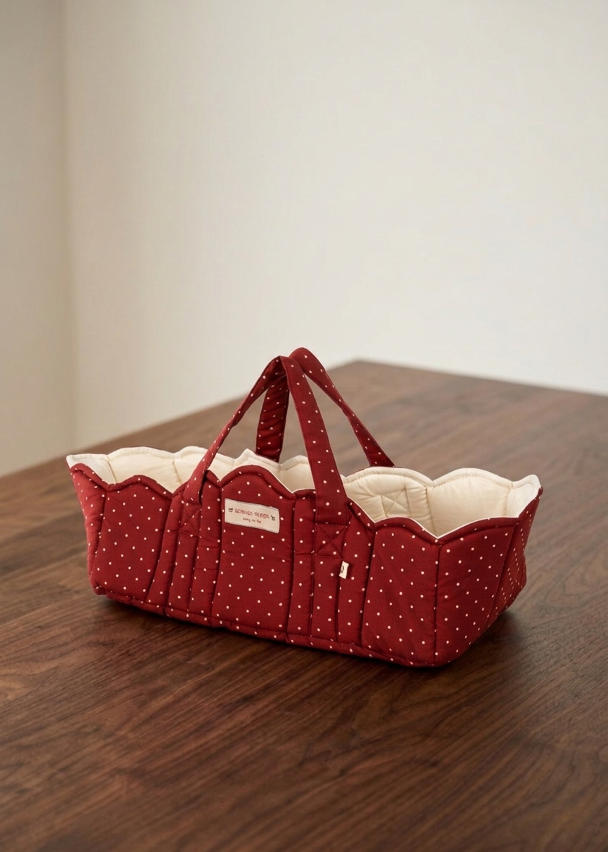 Konges Sløjd doll bassinet in Fraise Dot berry red polka dot print with scalloped cream lining on white background