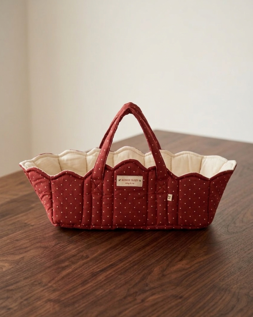 Overhead view of quilted doll bassinet showing soft padded interior and reinforced carry handles