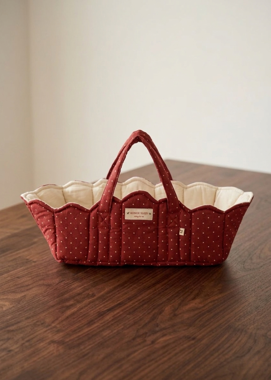 Overhead view of quilted doll bassinet showing soft padded interior and reinforced carry handles